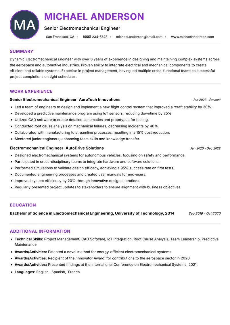 Electromechanical Engineer resume example