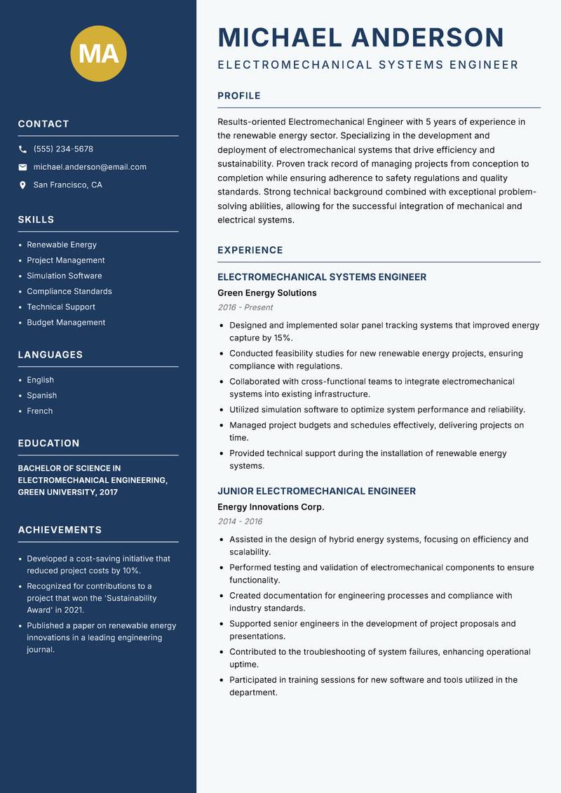 Electromechanical Engineer resume sample — Electromechanical Systems Engineer focus