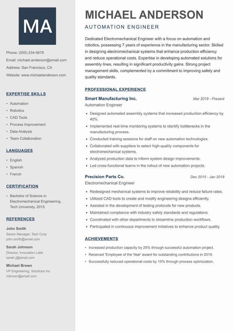 Electromechanical Engineer resume sample — Automation Engineer focus