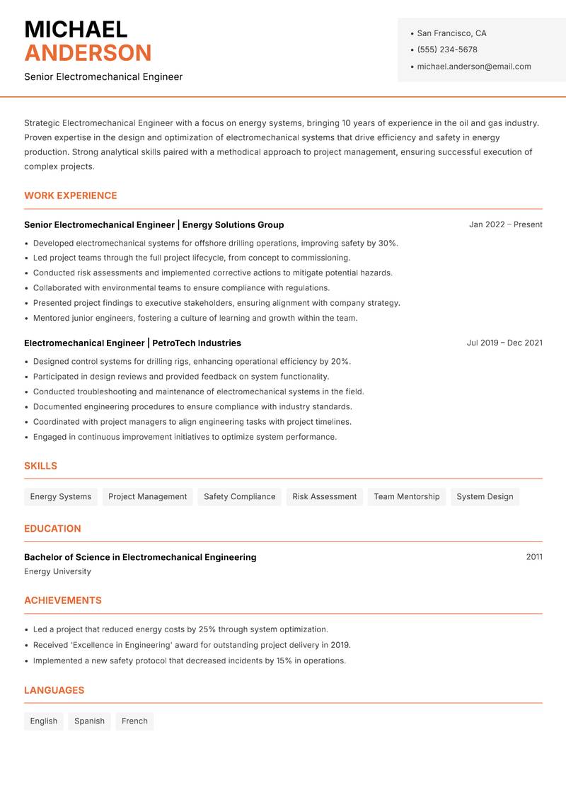 Electromechanical Engineer resume sample — Senior Electromechanical Engineer focus
