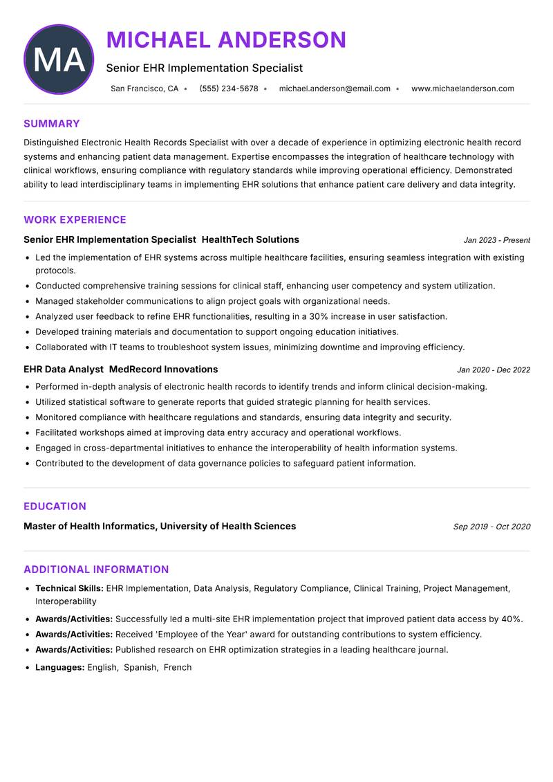 Electronic Health Records Specialist resume example