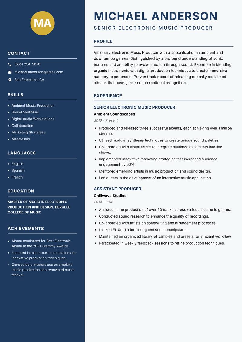 Electronic Music Producer resume sample — Senior Electronic Music Producer focus
