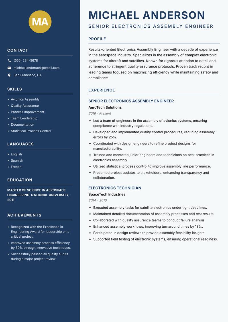 Electronics Assembly Engineer resume sample — Senior Electronics Assembly Engineer focus