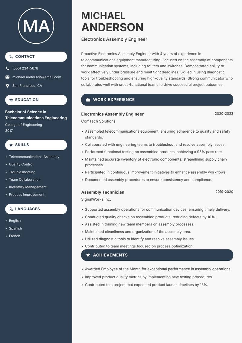 Electronics Assembly Engineer resume sample — Electronics Assembly Engineer focus