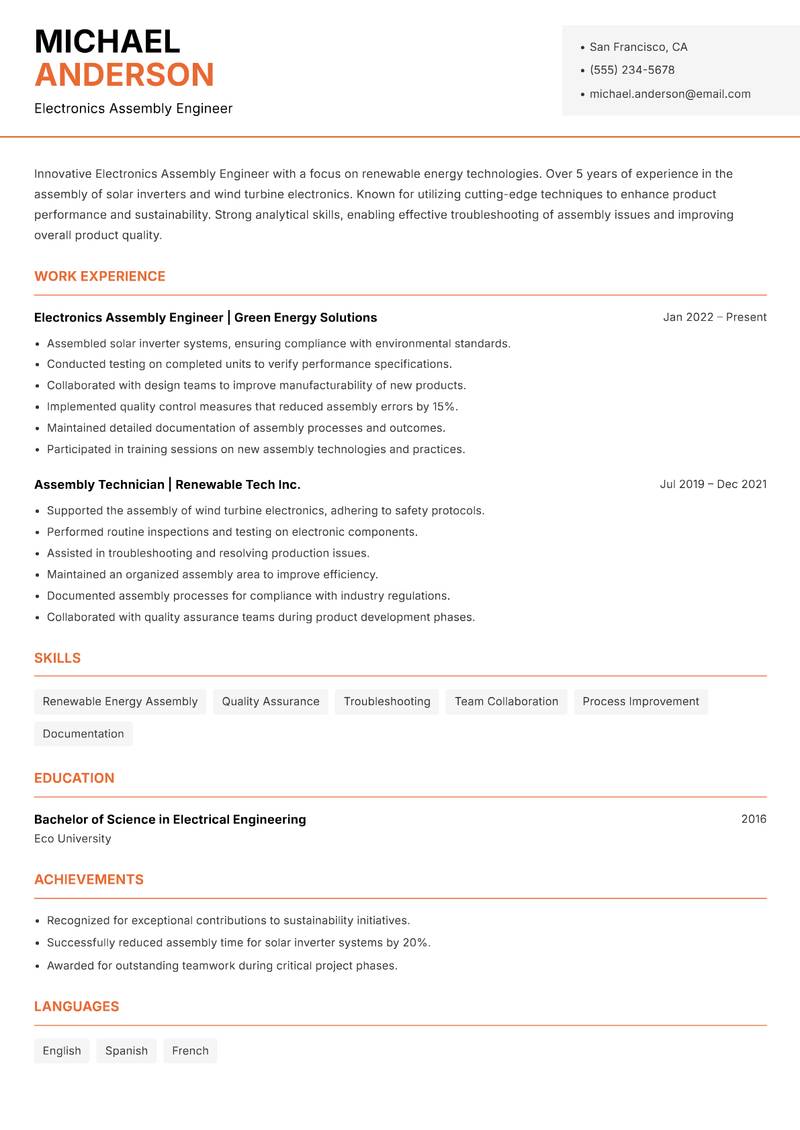Electronics Assembly Engineer resume sample — Electronics Assembly Engineer focus