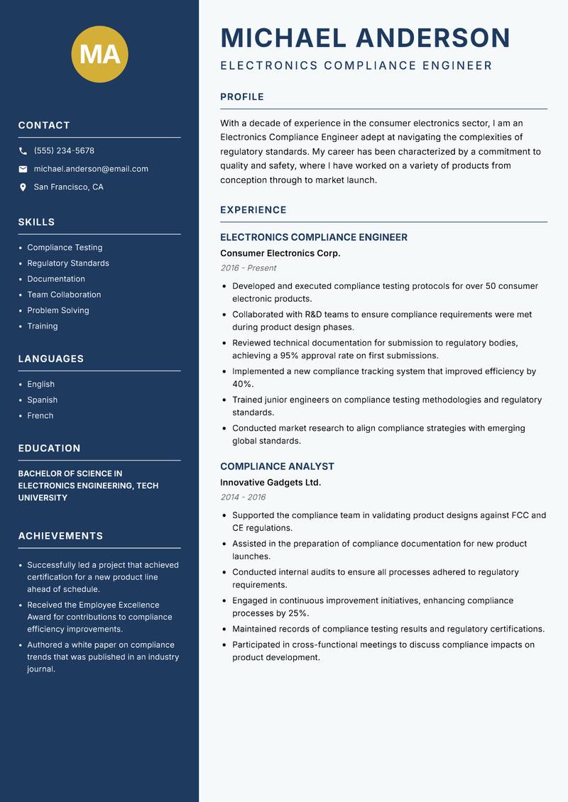 Electronics Compliance Engineer resume sample — Electronics Compliance Engineer focus