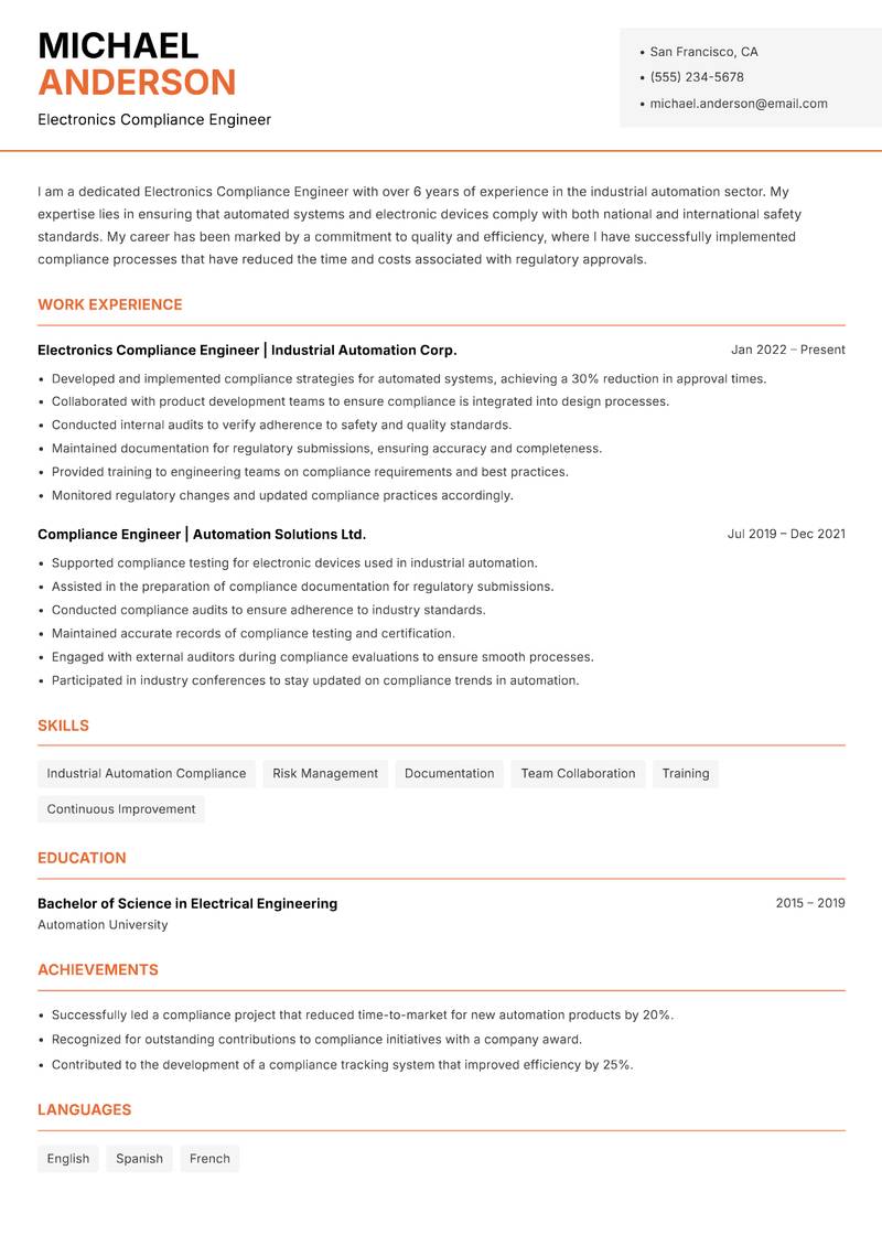 Electronics Compliance Engineer resume sample — Electronics Compliance Engineer focus