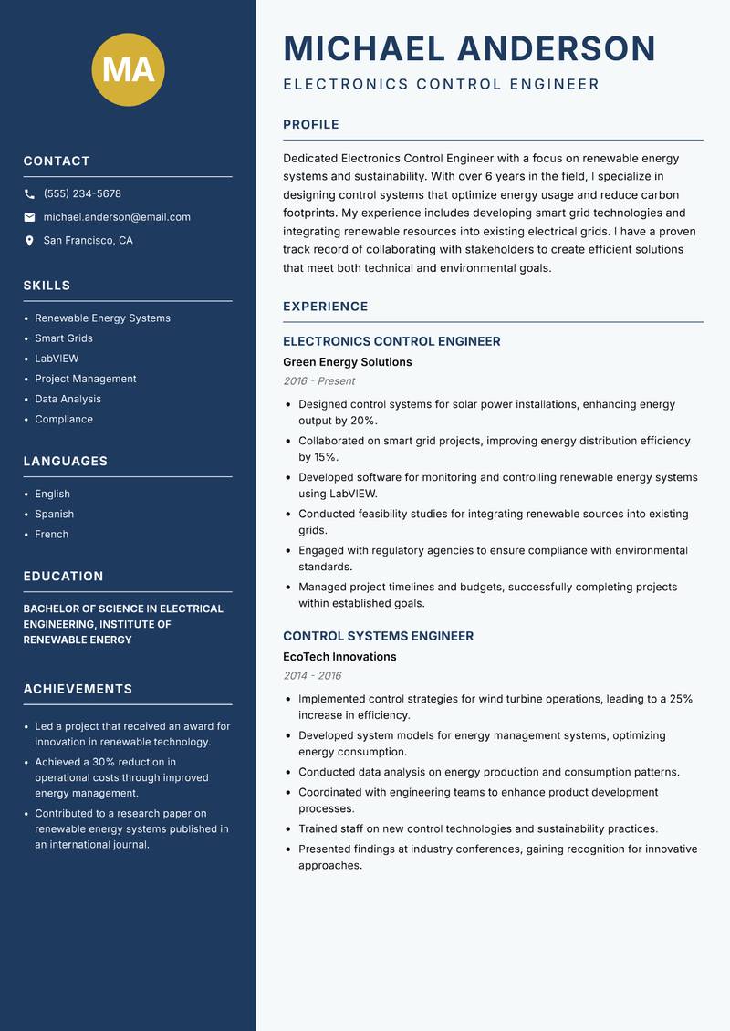 Electronics Control Engineer resume sample — Electronics Control Engineer focus