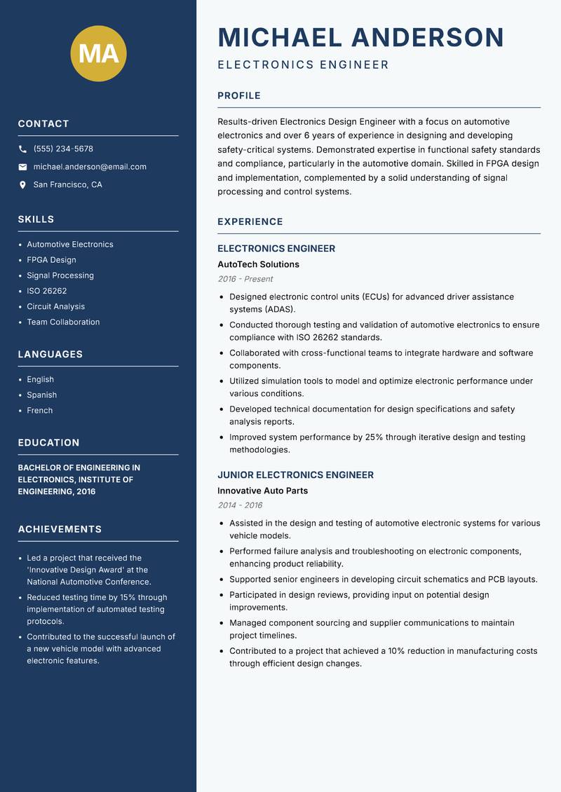 Electronics Design Engineer resume sample — Electronics Engineer focus