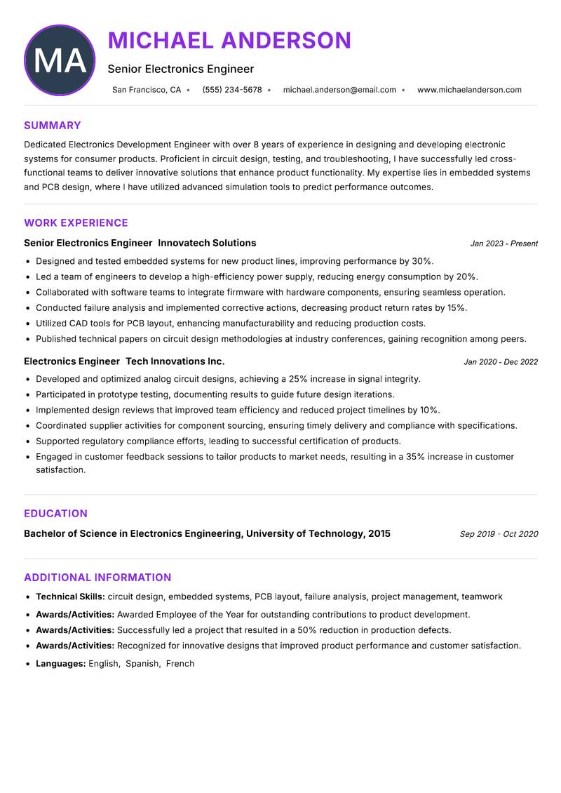 Electronics Development Engineer resume example