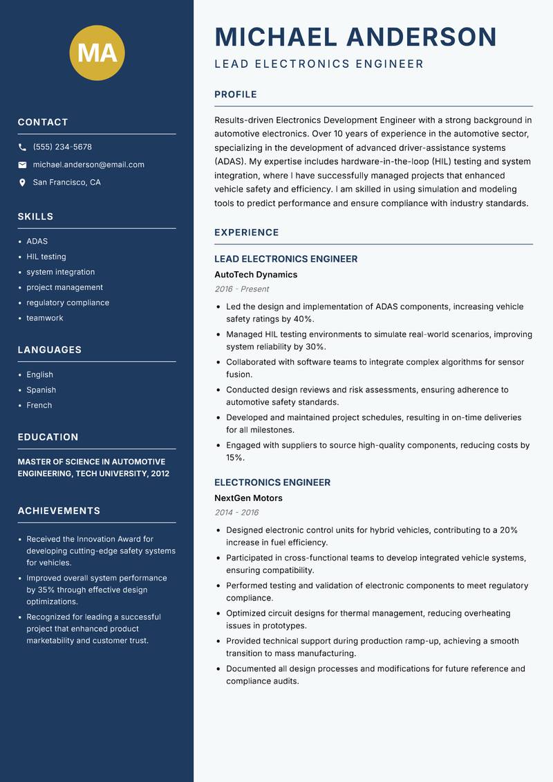 Electronics Development Engineer resume sample — Lead Electronics Engineer focus