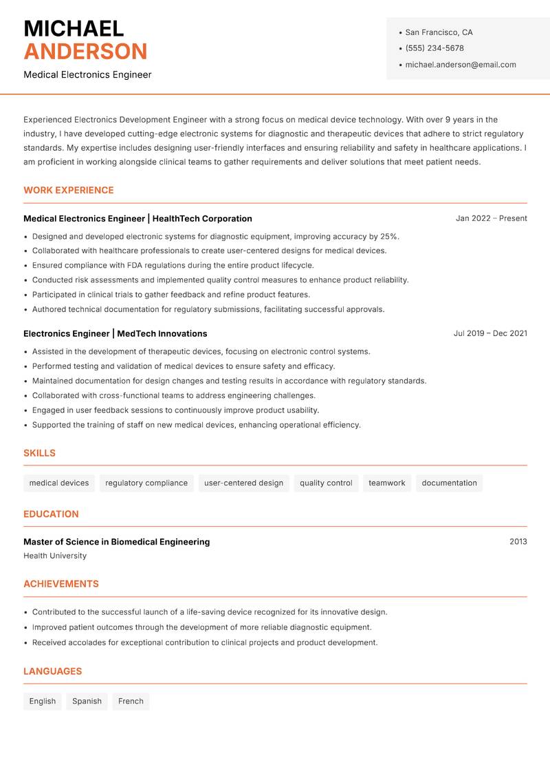 Electronics Development Engineer resume sample — Medical Electronics Engineer focus