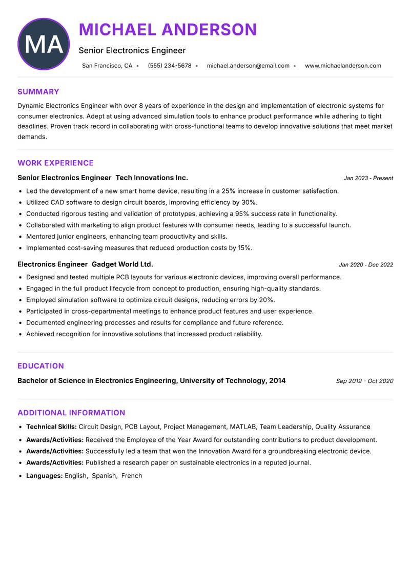Electronics Engineer resume example
