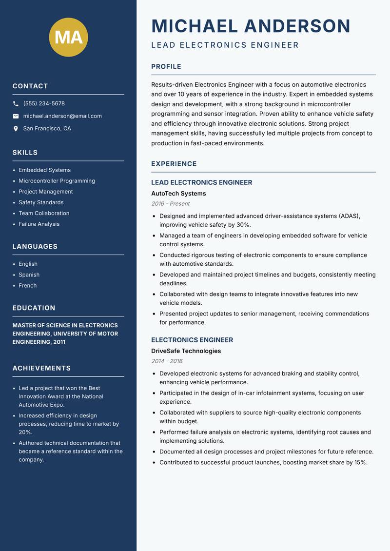 Electronics Engineer resume sample — Lead Electronics Engineer focus