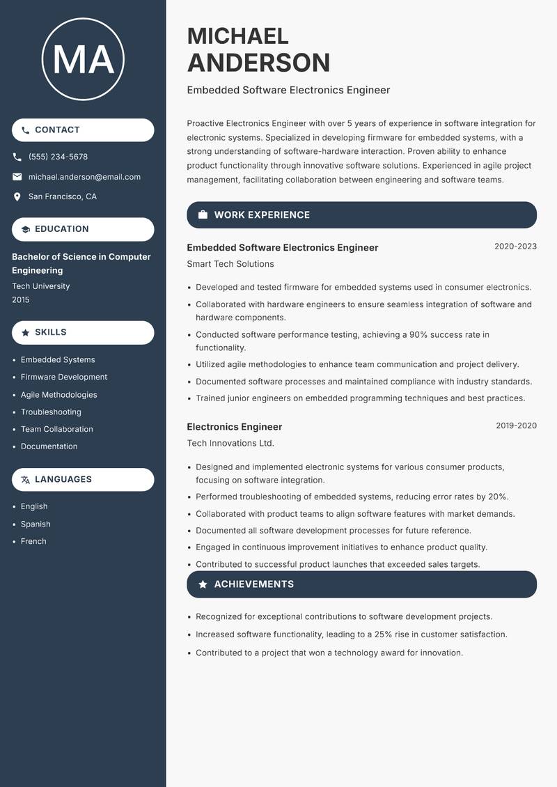 Electronics Engineer resume sample — Embedded Software Electronics Engineer focus
