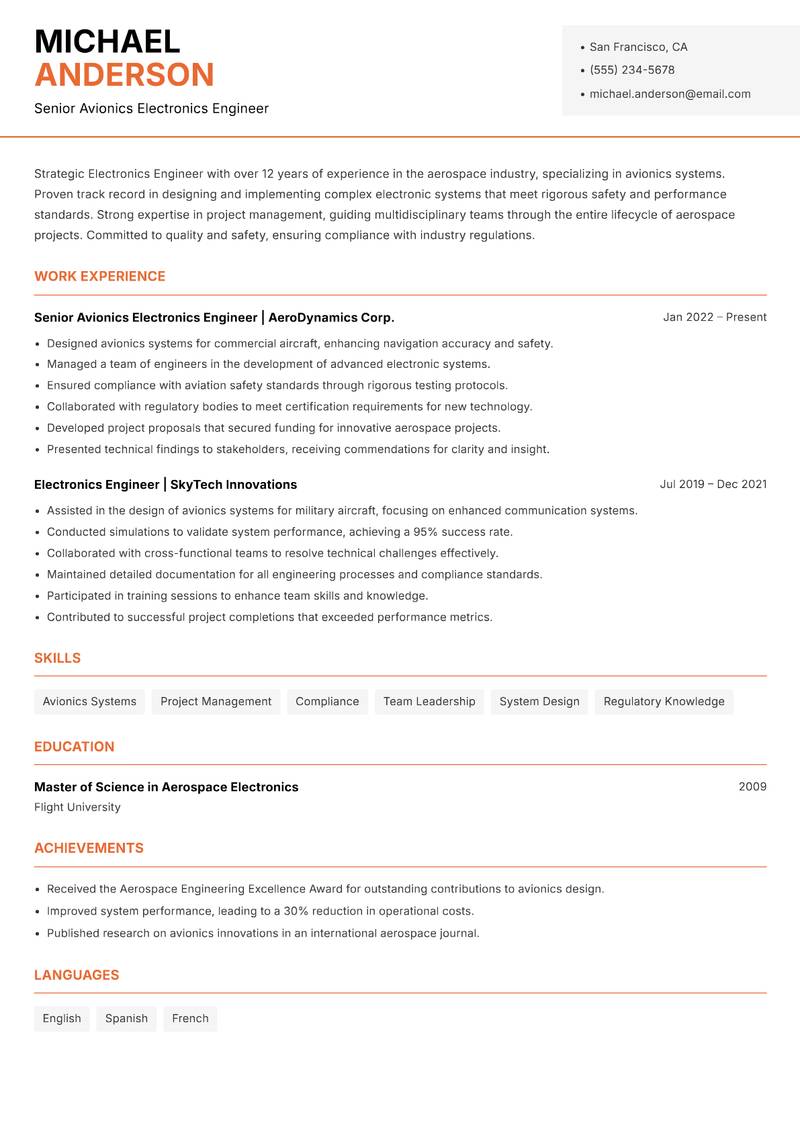 Electronics Engineer resume sample — Senior Avionics Electronics Engineer focus