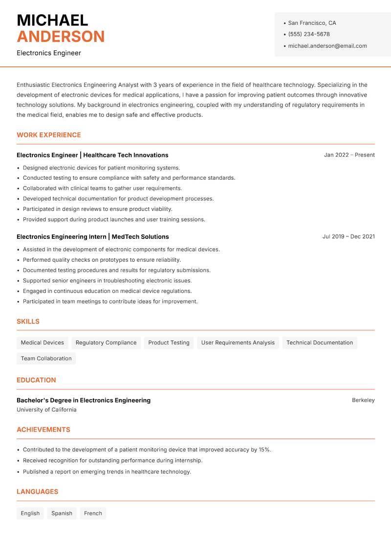 Electronics Engineering Analyst resume sample — Electronics Engineer focus