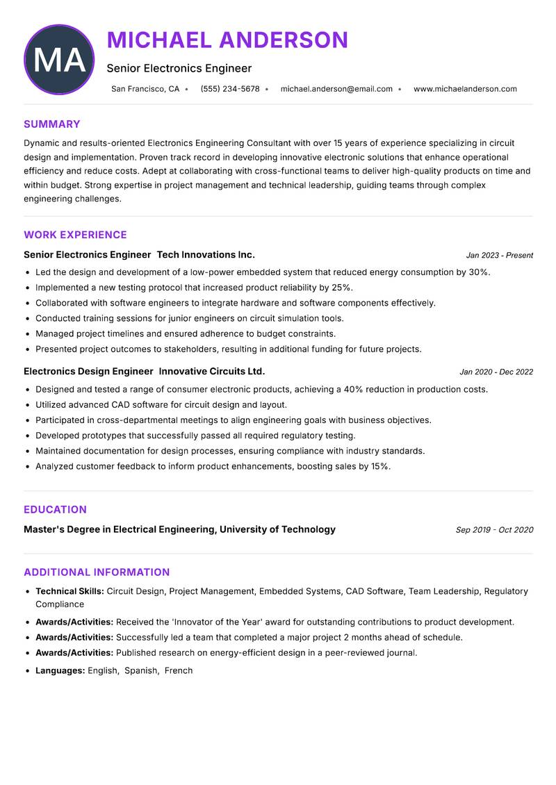 Electronics Engineering Consultant resume example
