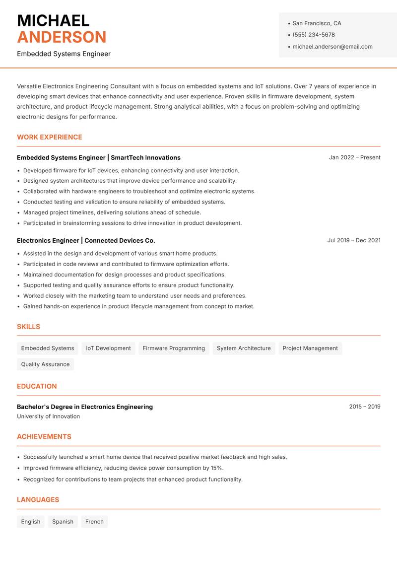 Electronics Engineering Consultant resume sample — Embedded Systems Engineer focus