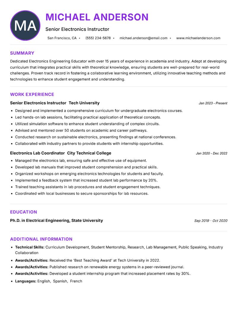 Electronics Engineering Educator resume example