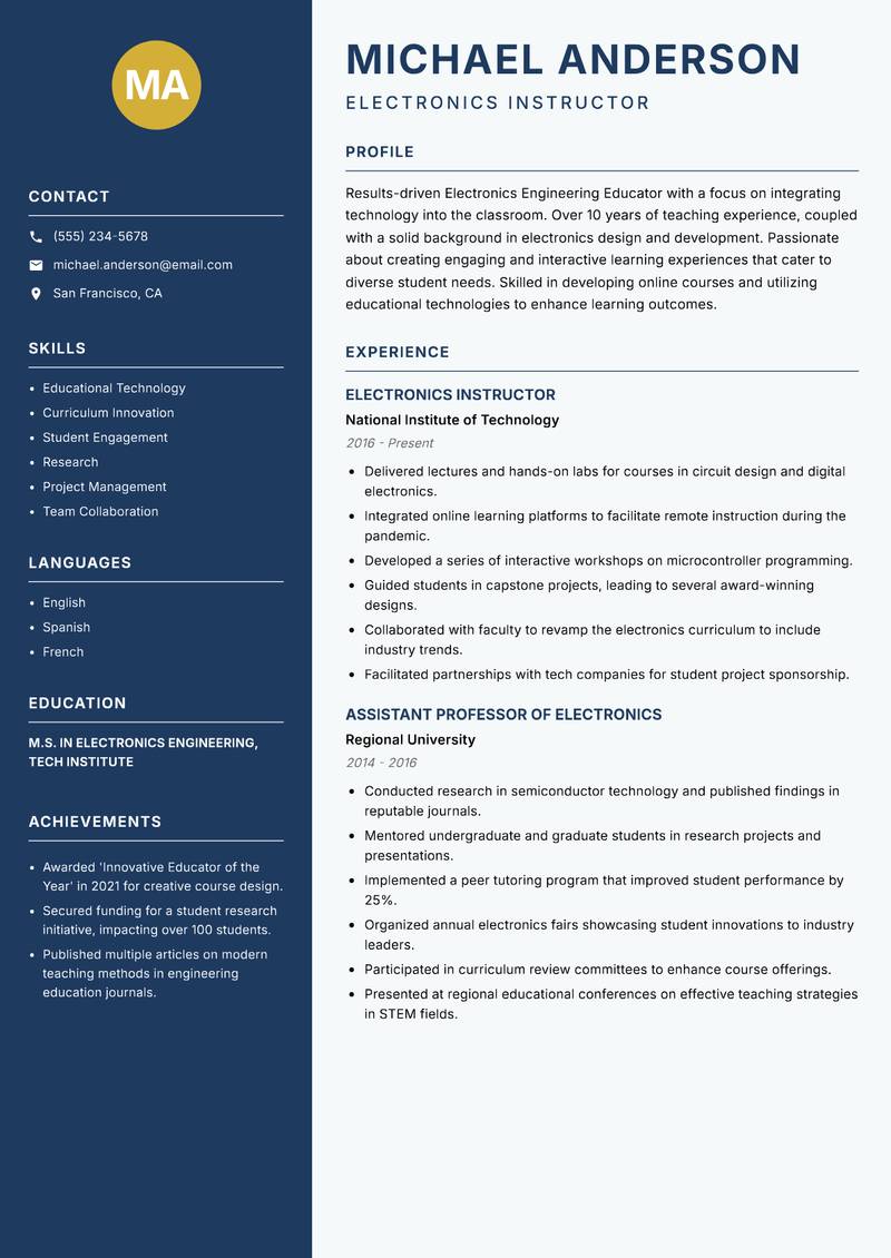 Electronics Engineering Educator resume sample — Electronics Instructor focus