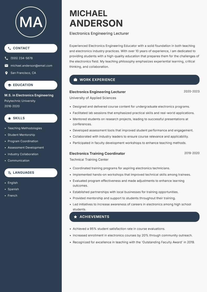 Electronics Engineering Educator resume sample — Electronics Engineering Lecturer focus