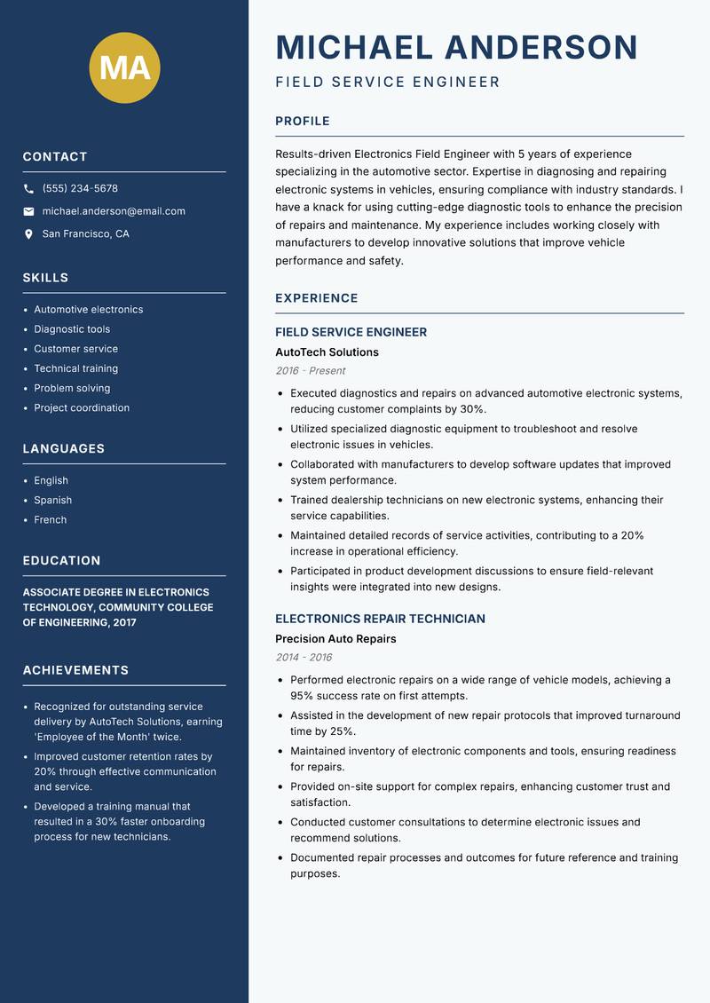 Electronics Field Engineer resume sample — Field Service Engineer focus