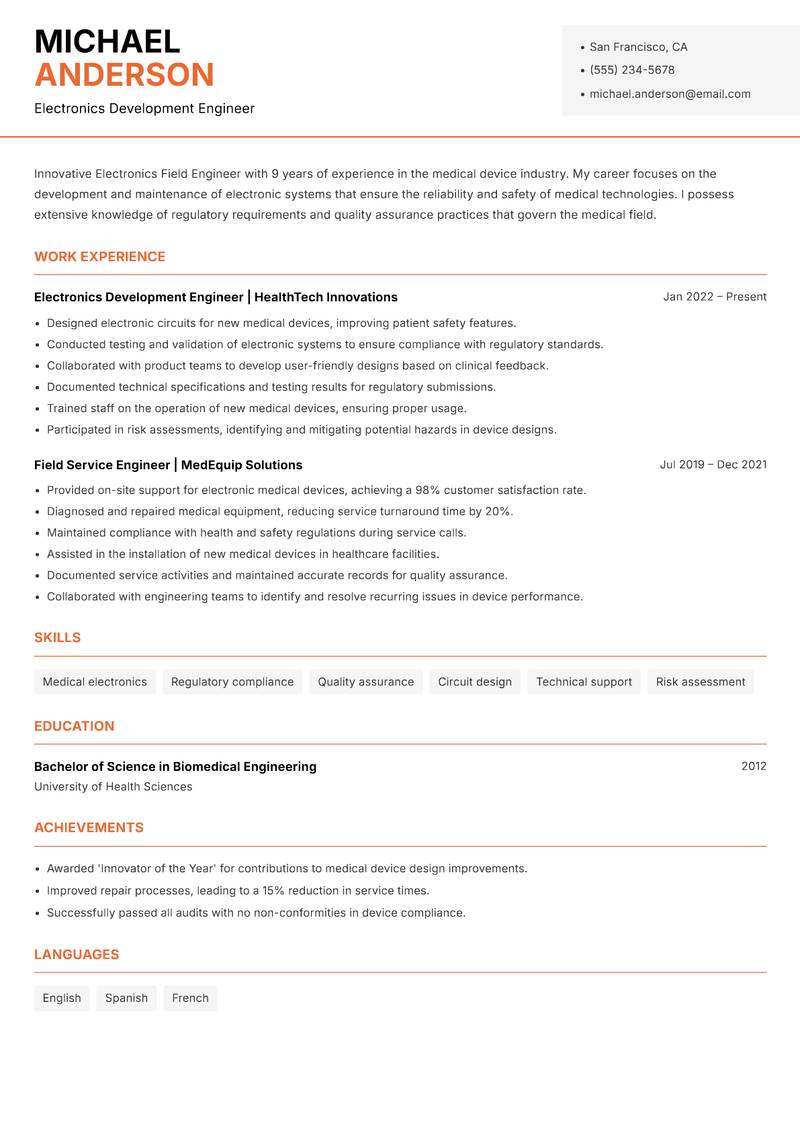 Electronics Field Engineer resume sample — Electronics Development Engineer focus