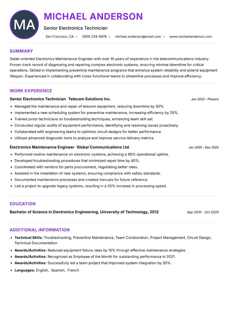 Electronics Maintenance Engineer resume example