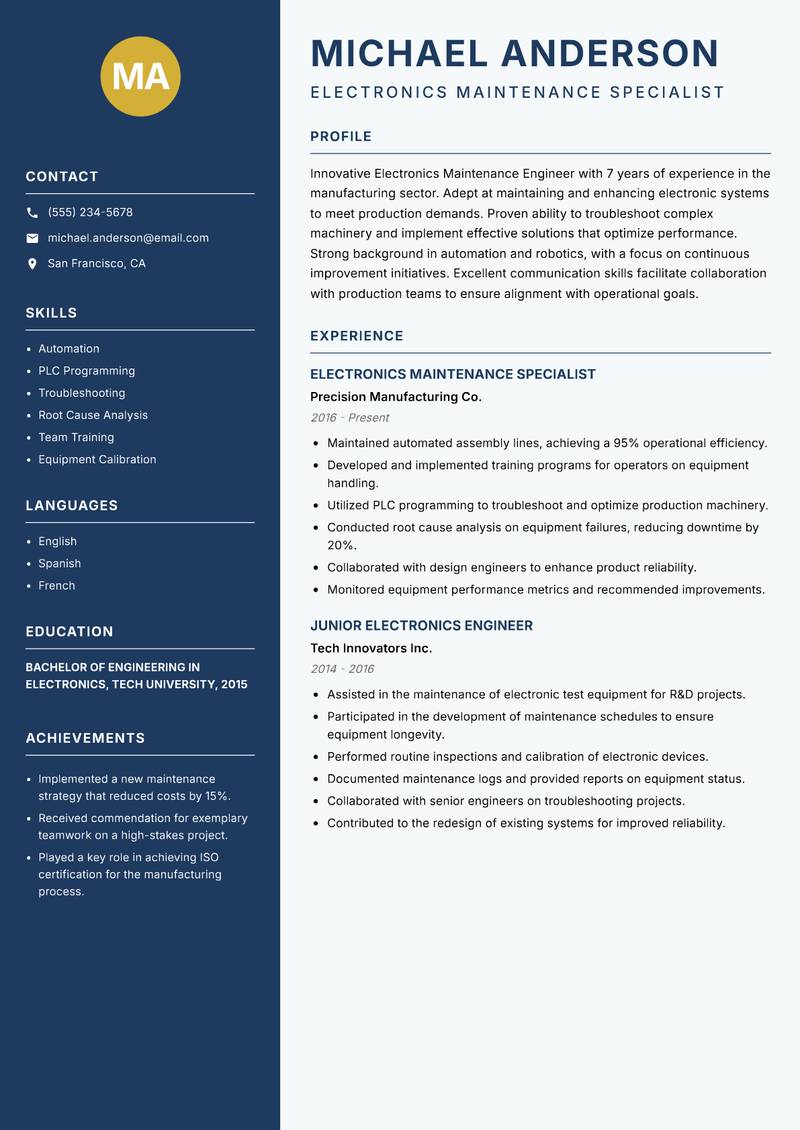 Electronics Maintenance Engineer resume sample — Electronics Maintenance Specialist focus