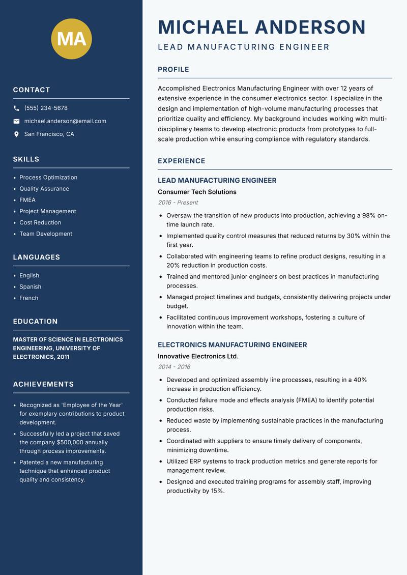 Electronics Manufacturing Engineer resume sample — Lead Manufacturing Engineer focus