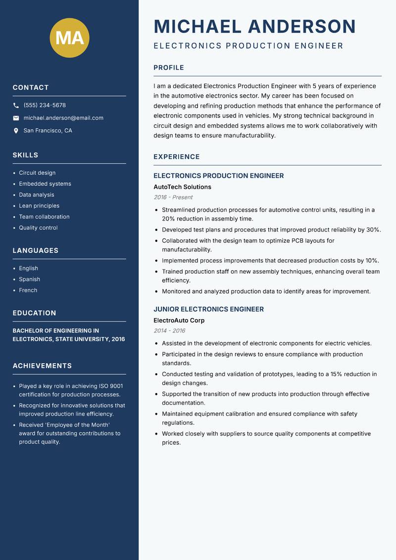 Electronics Production Engineer resume sample — Electronics Production Engineer focus