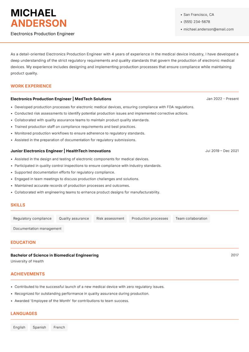 Electronics Production Engineer resume sample — Electronics Production Engineer focus