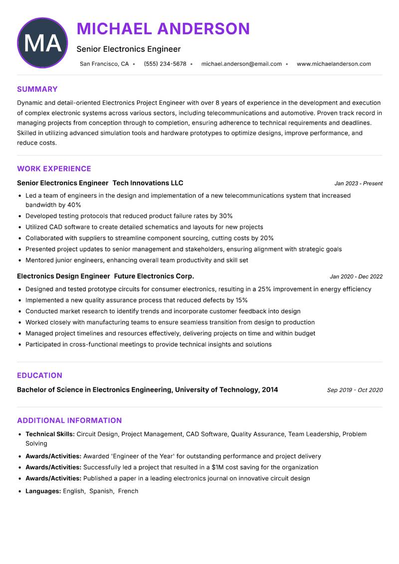 Electronics Project Engineer resume example