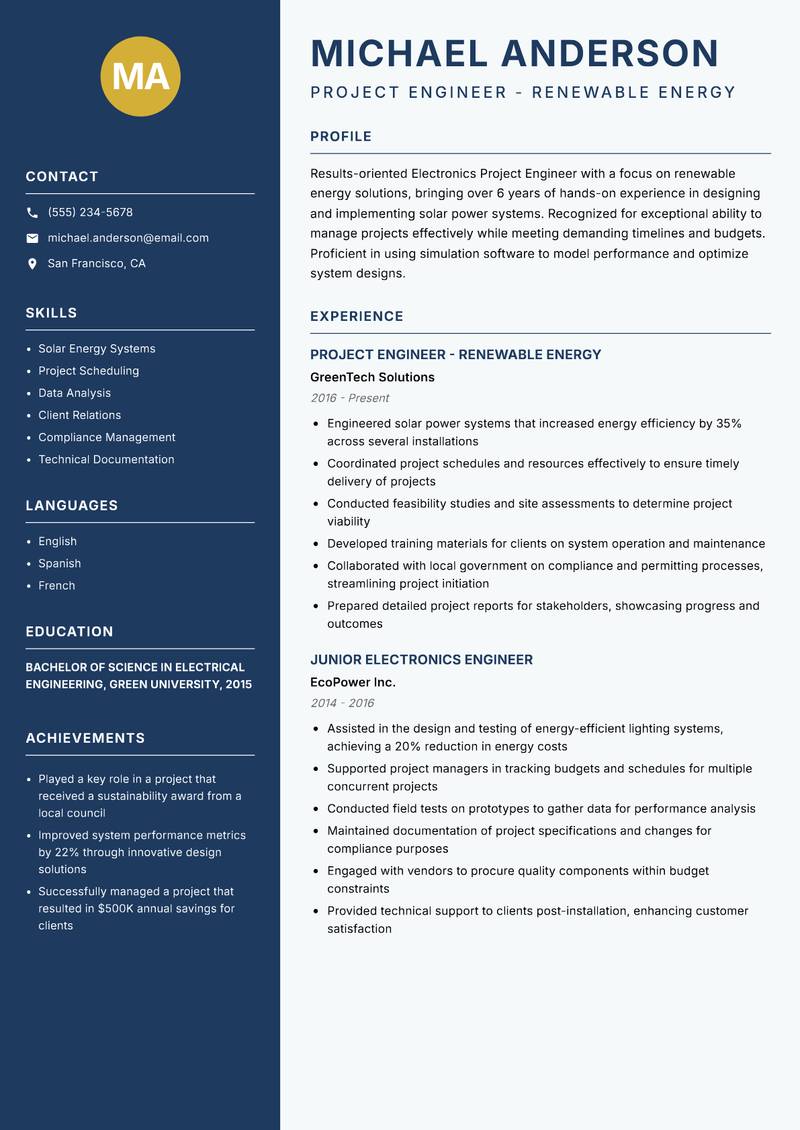 Electronics Project Engineer resume sample — Project Engineer - Renewable Energy focus