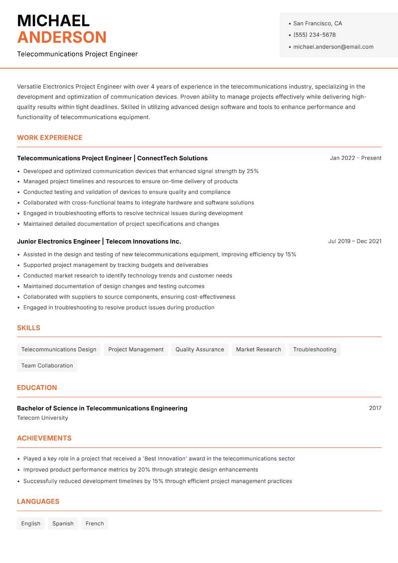 Electronics Project Engineer resume sample — Telecommunications Project Engineer focus