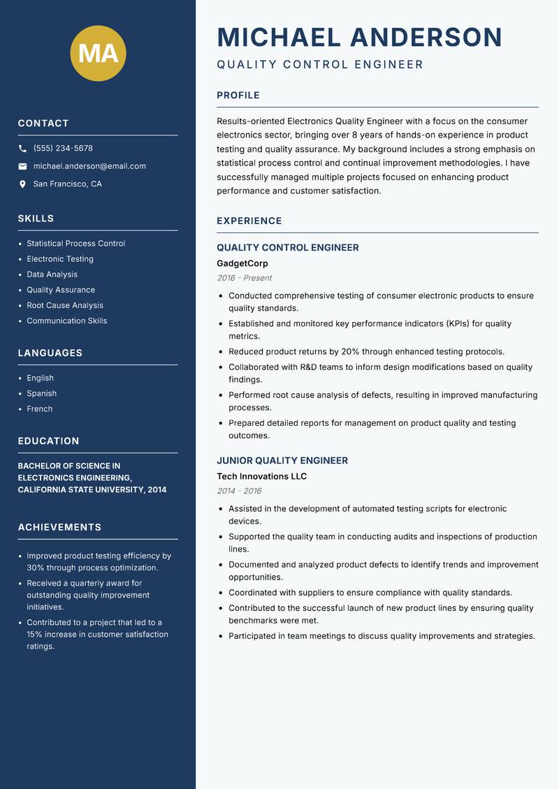 Electronics Quality Engineer resume sample — Quality Control Engineer focus