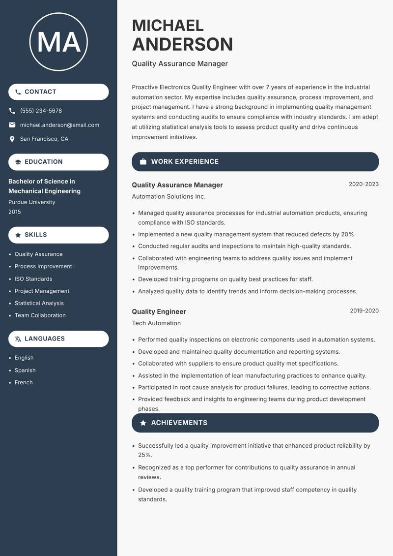 Electronics Quality Engineer resume sample — Quality Assurance Manager focus