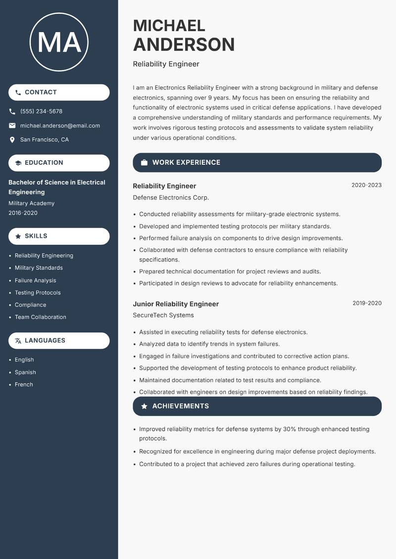 Electronics Reliability Engineer resume sample — Reliability Engineer focus