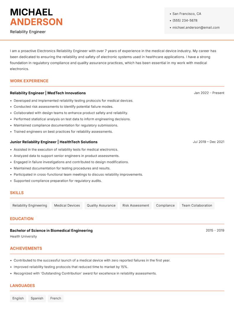 Electronics Reliability Engineer resume sample — Reliability Engineer focus