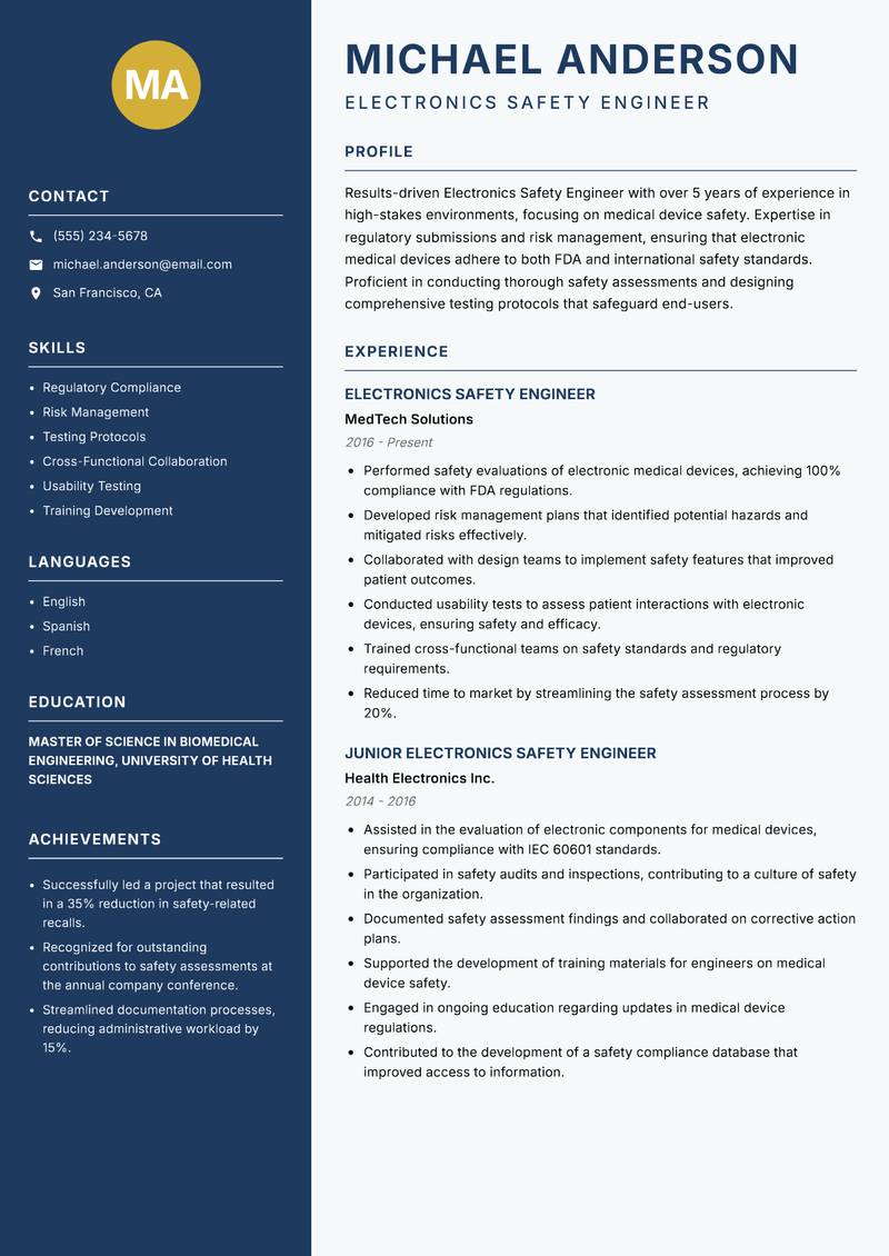 Electronics Safety Engineer resume sample — Electronics Safety Engineer focus