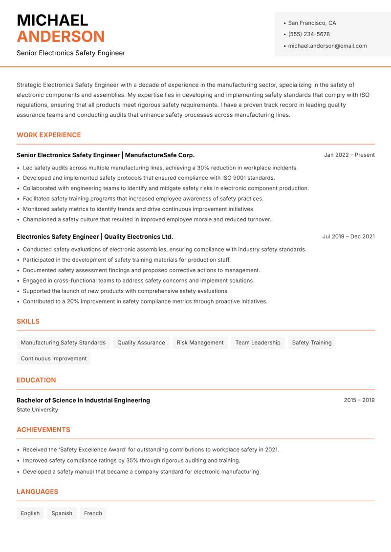 Electronics Safety Engineer resume sample — Senior Electronics Safety Engineer focus