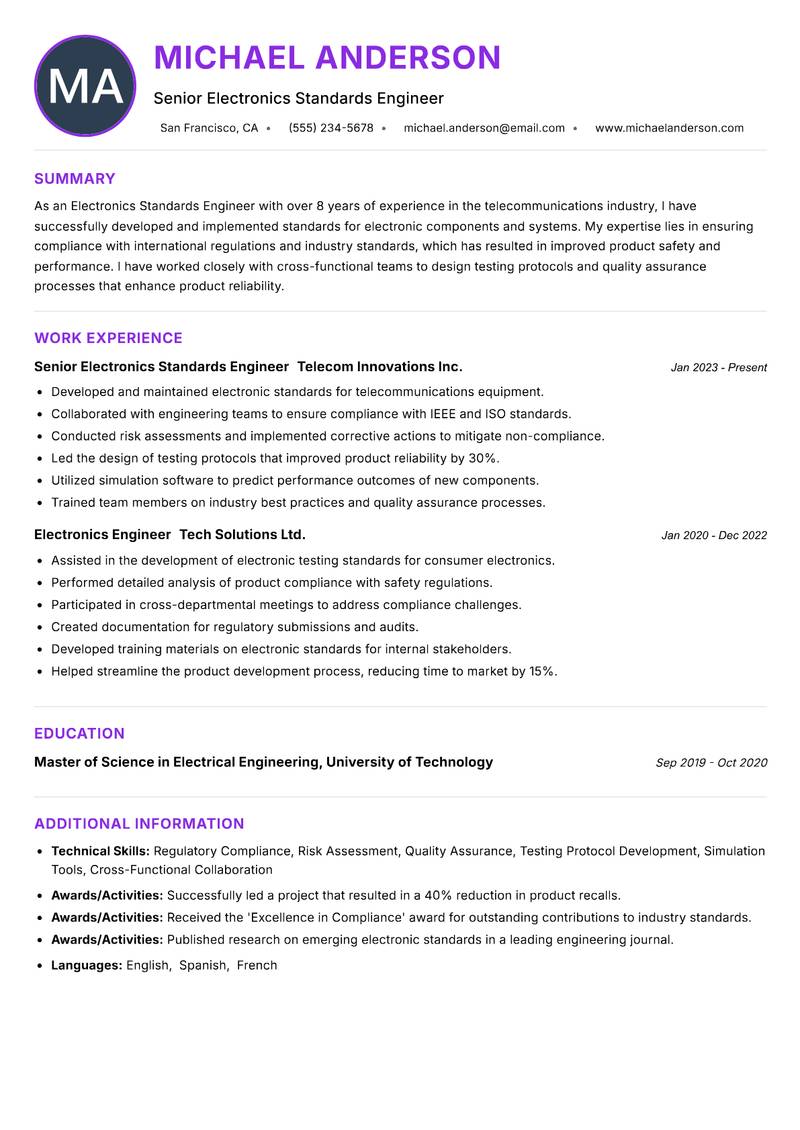 Electronics Standards Engineer resume example