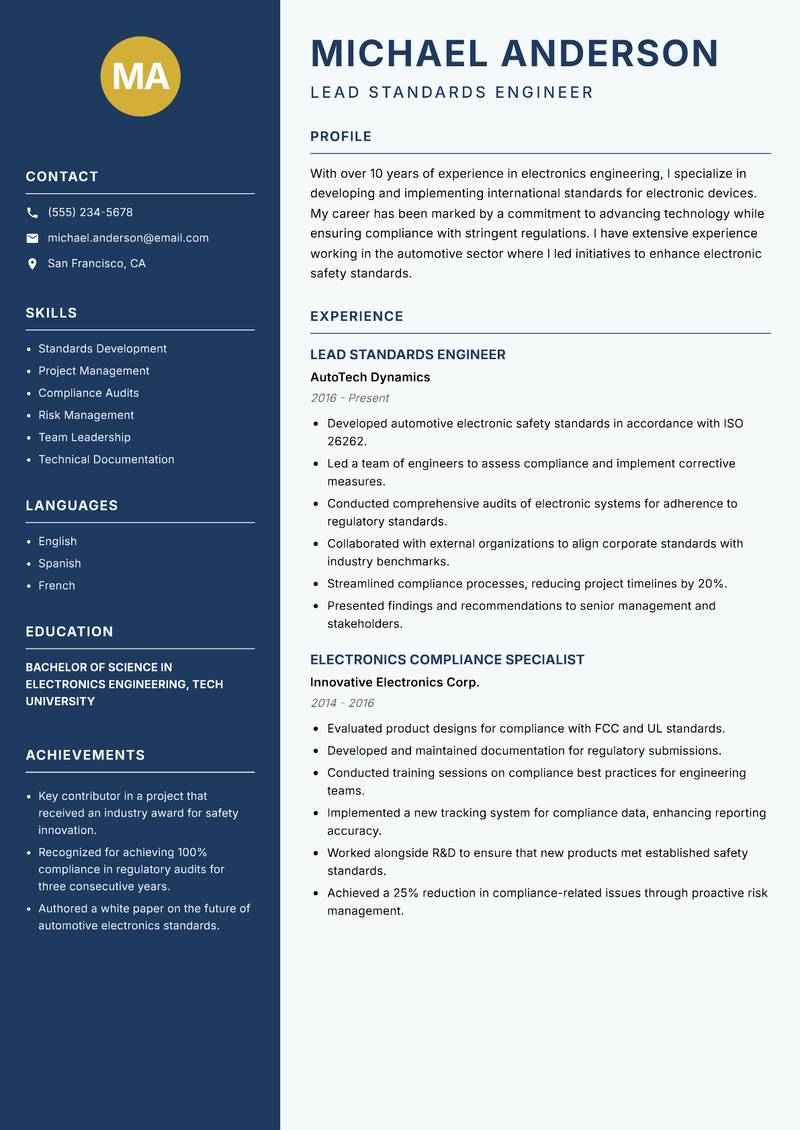 Electronics Standards Engineer resume sample — Lead Standards Engineer focus