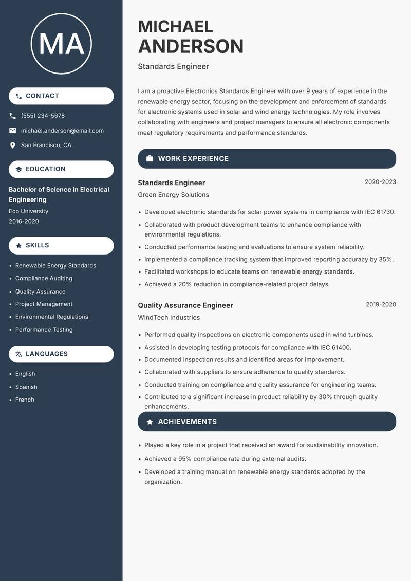 Electronics Standards Engineer resume sample — Standards Engineer focus