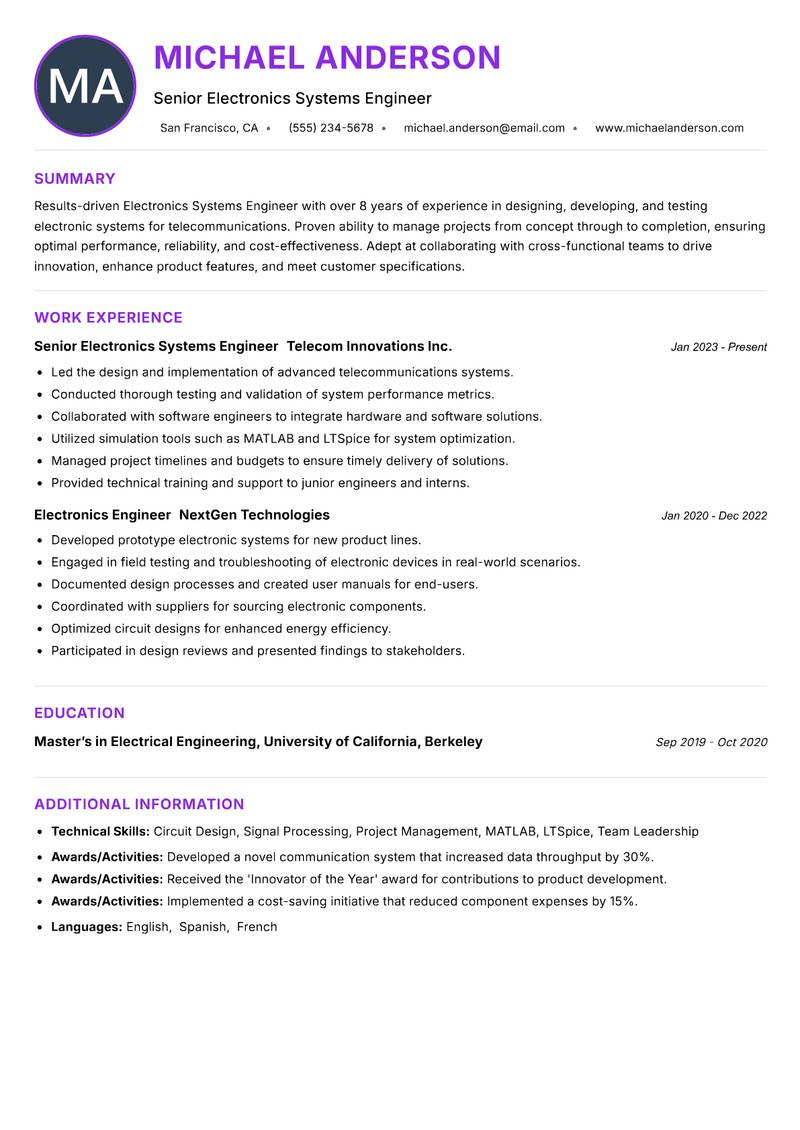 Electronics Systems Engineer resume example