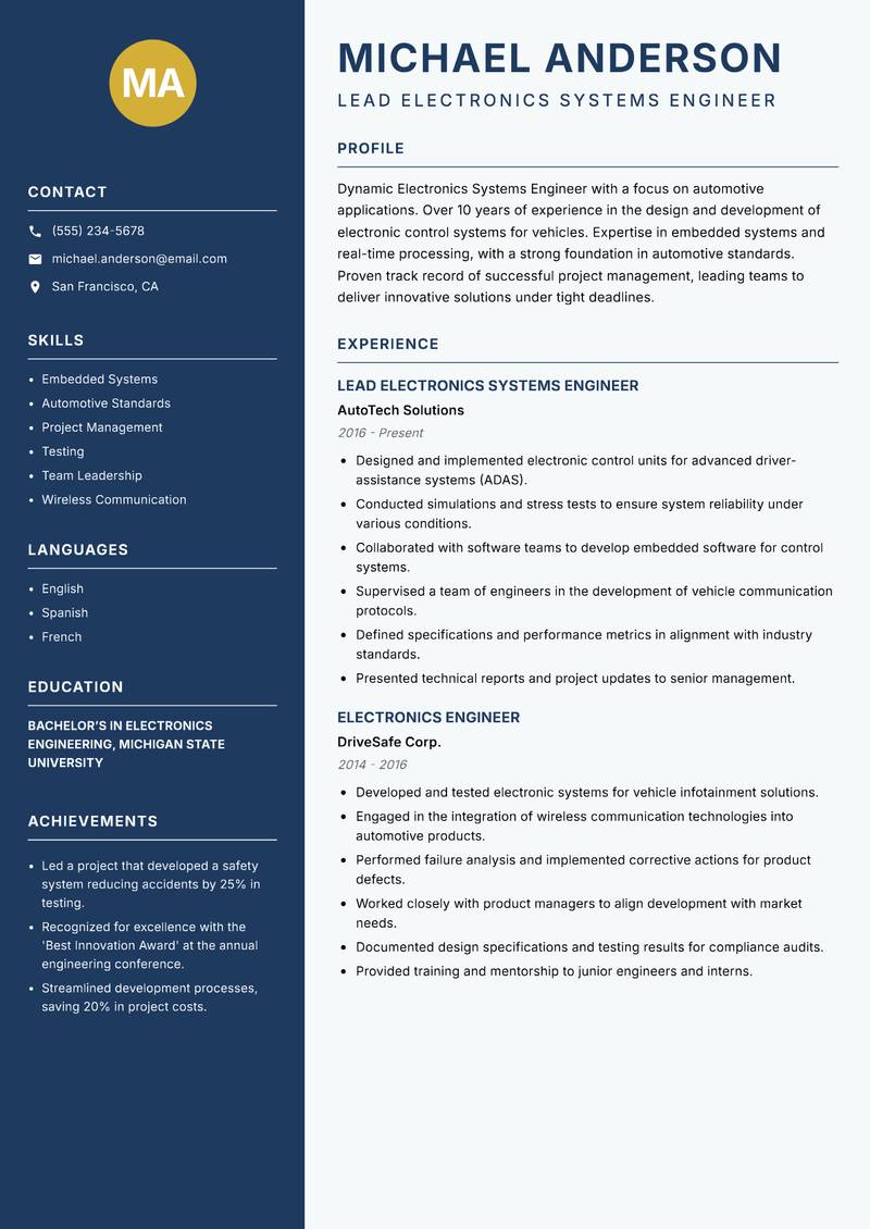 Electronics Systems Engineer resume sample — Lead Electronics Systems Engineer focus