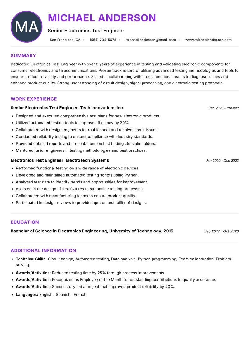 Electronics Test Engineer resume example