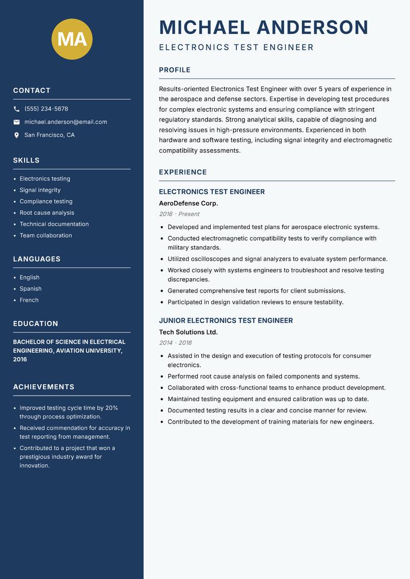 Electronics Test Engineer resume sample — Electronics Test Engineer focus