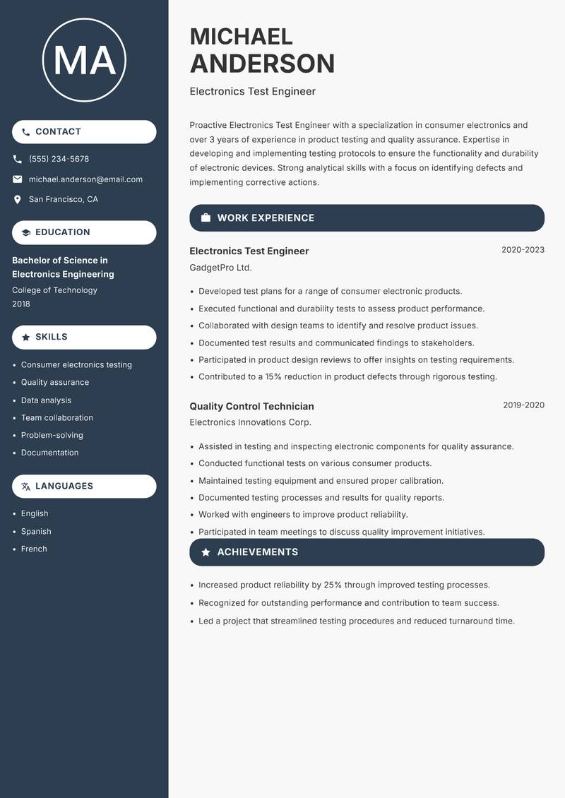 Electronics Test Engineer resume sample — Electronics Test Engineer focus